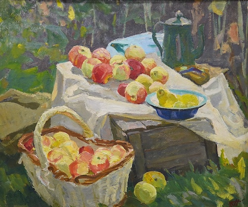 Boris Nakhalov (1925-2008), oil on board, Still life of fruit and vessels, monogrammed, 56 x 67cm. Condition - good